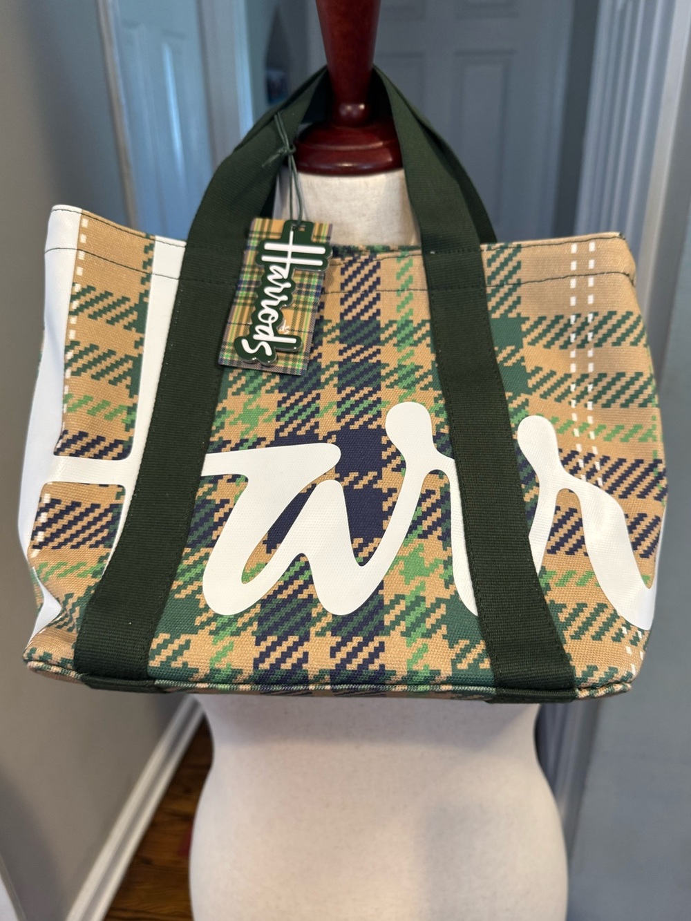 New with tags Harrods Green and Tan Plaid Canvas Tote with White Script